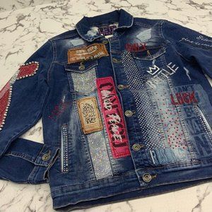 Men's Fashion All Over Rhinestones Performance Blue Denim Jacket